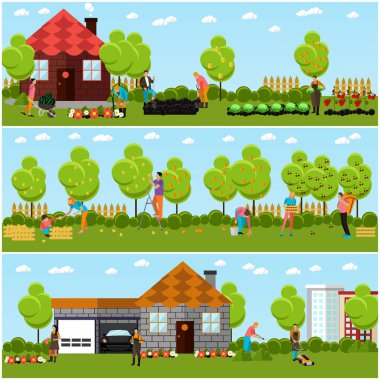 Bahçe ve hasat kavramı afiş, düz stil vektör kümesi