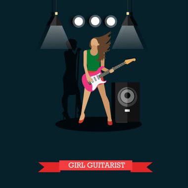 Girl Guitarist playing electric guitar on stage, vector illustration. clipart