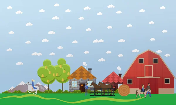 Granja de caballos, establo, caballos y establos, equitación, ilustración vectorial — Vector de stock