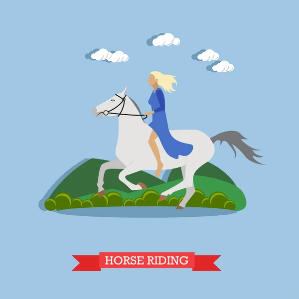 Young blonde lady riding white graceful horse, vector illustration. — Stock Vector