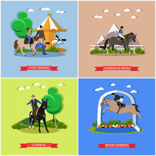 Conjunto vectorial de paseos a caballo, saltos de espectáculo, domesticar conceptos de caballos — Archivo Imágenes Vectoriales