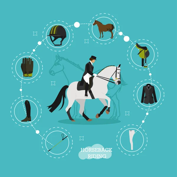 Horseback riding woman and equestrian equipment infographic items, vector illustration. - Stok Vektor