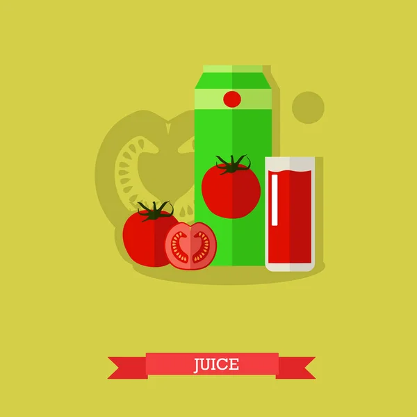 Glas tomatensap, karton en verse groenten, vectorillustratie. — Stockvector