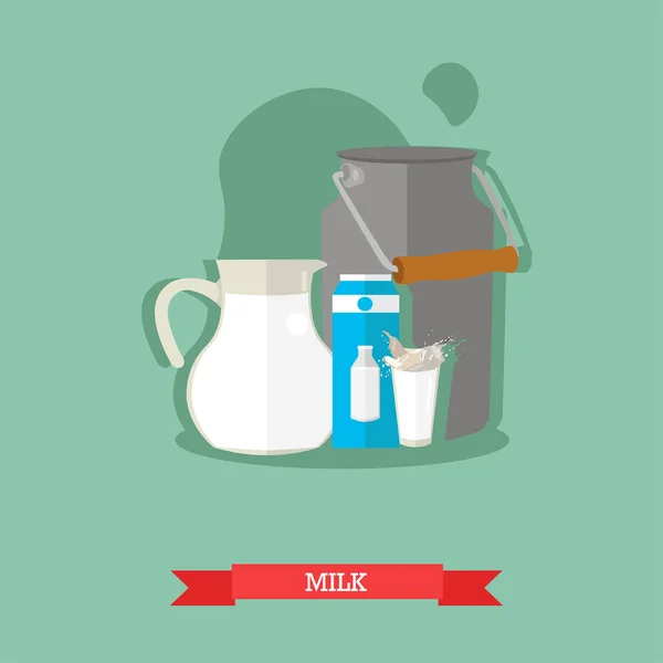 Melk in werper, glas, karton en kan, vectorillustratie — Stockvector