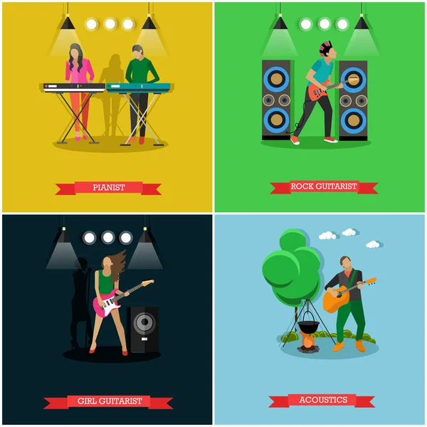 Vector set van banners met muzikanten spelen gitaar en piano — Stockvector