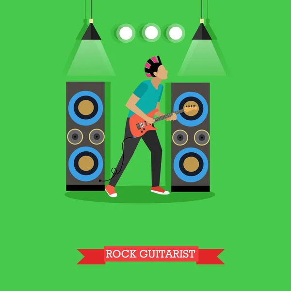 Rock Guitarist playing electric guitar on stage, vector illustration. — Stock Vector