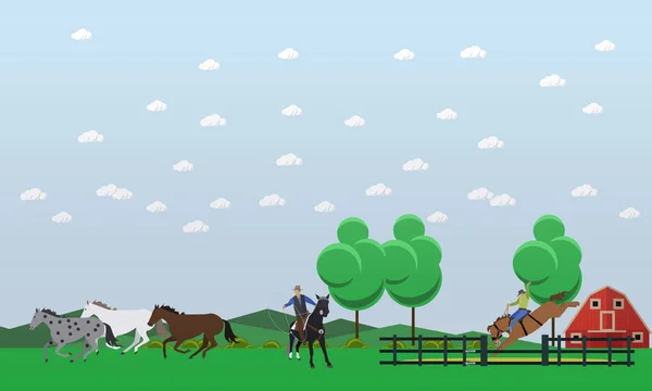 Векторні ілюстрації людей, що приборкують диких коней біля кінної ферми — стоковий вектор