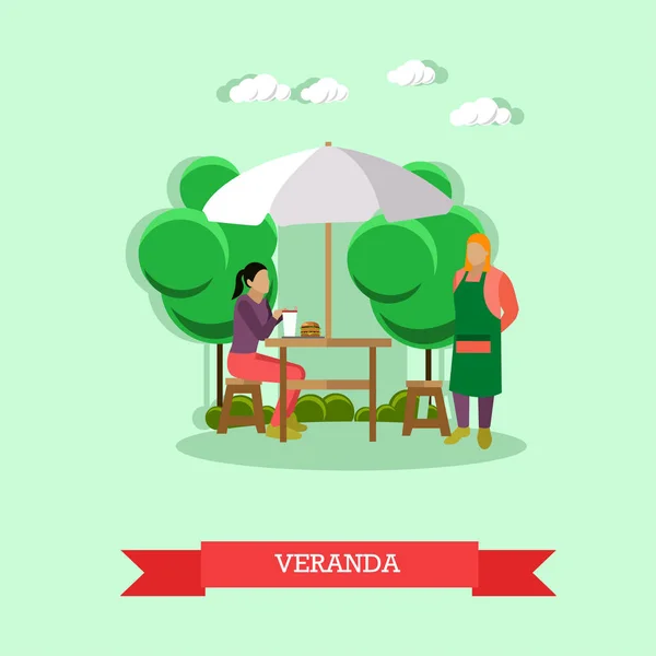 Vektor, pincér szolgáló nő ült az asztalnál a veranda — Stock Vector