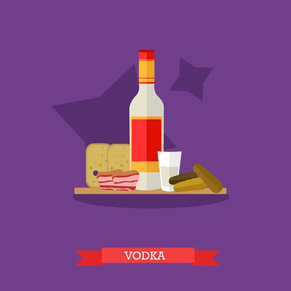 Vodka con cetriolo leggero, pane e pancetta, illustrazione vettoriale — Vettoriale Stock