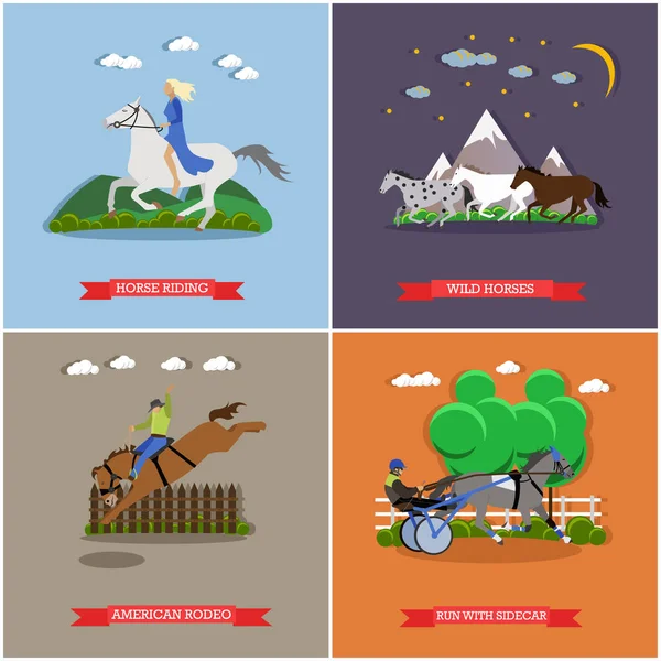 Vector set of wild and domesticad horses concept banners, posters — Stock Vector