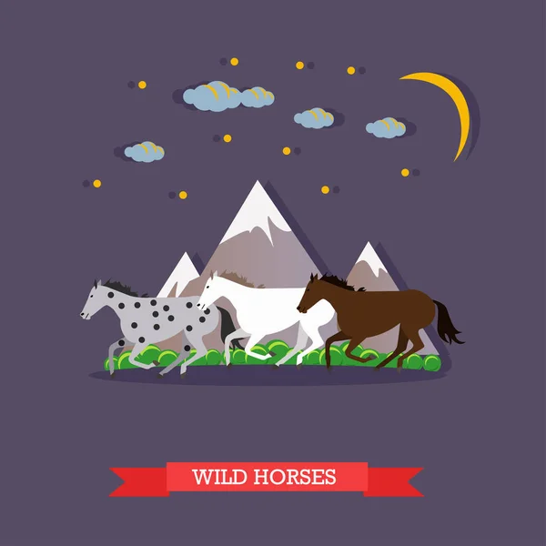 Three wild horses galloping on night nature background, vector illustration — Stock Vector