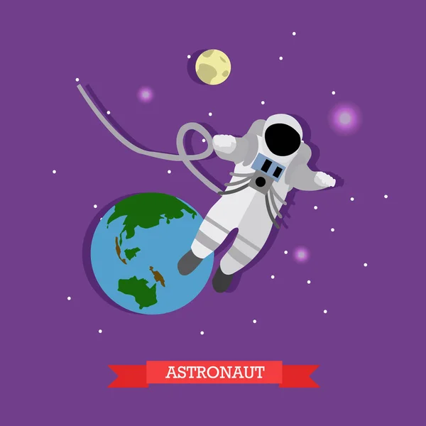 Ilustración vectorial del astronauta en el espacio exterior, la Tierra y la Luna — Vector de stock