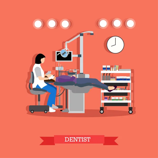 Ilustración vectorial de dentista y paciente en clínica dental — Vector de stock