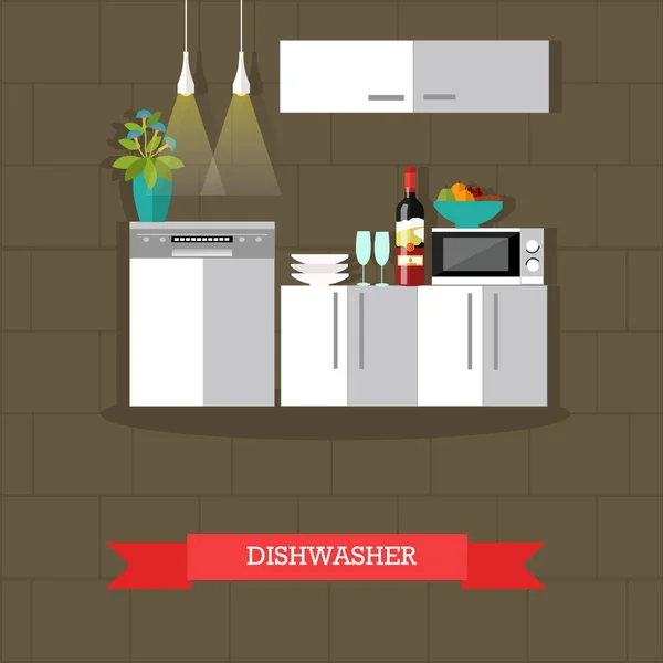 Vektor ilustrasi mesin cuci piring, interior dapur dalam gaya datar - Stok Vektor