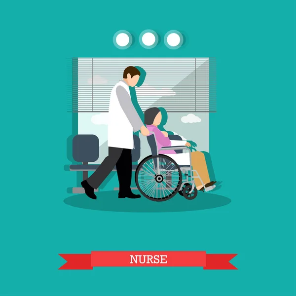 Illustrazione vettoriale dell'infermiera che trasporta il paziente in sedia a rotelle, stile piatto — Vettoriale Stock