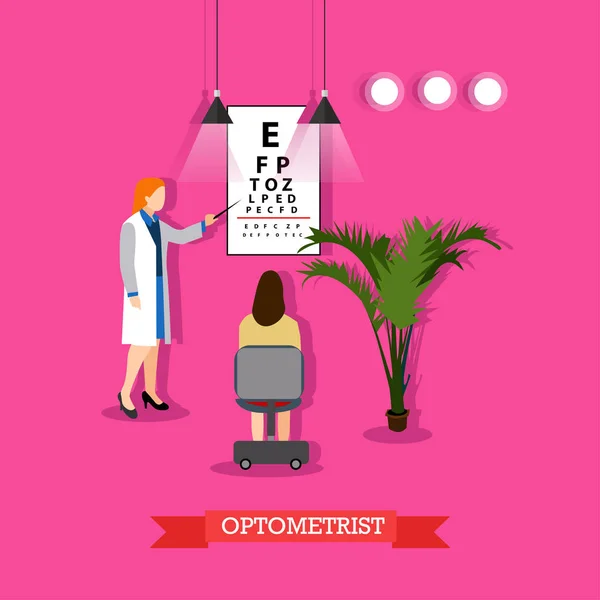 Illustrazione vettoriale dell'optometrista che controlla la visione dei pazienti in stile piatto — Vettoriale Stock