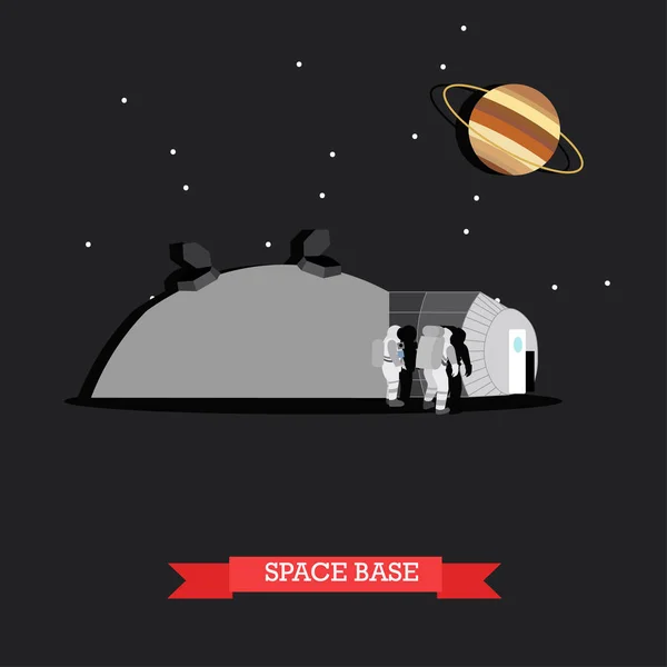 Ilustración vectorial de base espacial y astronautas en estilo plano — Archivo Imágenes Vectoriales