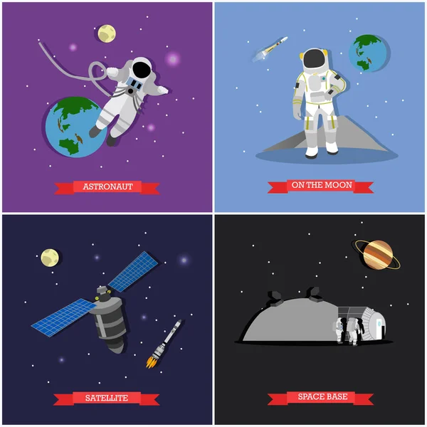 Set vettoriale di missione spaziale, illustrazioni concettuali di esplorazione, stile piatto — Vettoriale Stock