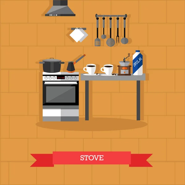 Illustration vectorielle de poêle et ustensiles de cuisine en style plat — Image vectorielle