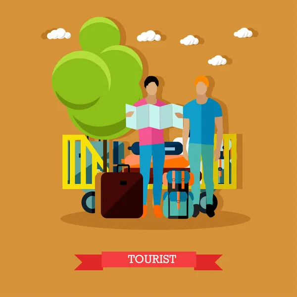 Illustrazione vettoriale dei turisti con bagaglio dopo l'arrivo, in stile piatto . — Vettoriale Stock