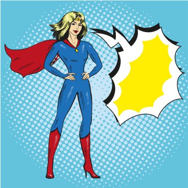 Süper kadın retro pop art comic stilinde vektör çizim