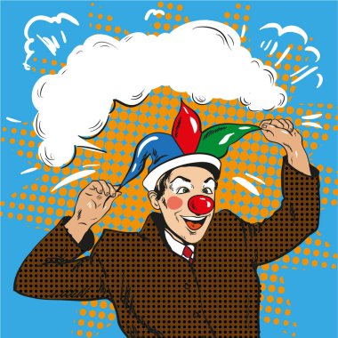 İşadamı palyaço soytarı şapkalı, pop art vektör çizim