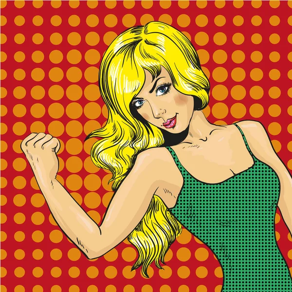 Illustration vectorielle de la jeune femme montrant les muscles, style pop art . — Image vectorielle
