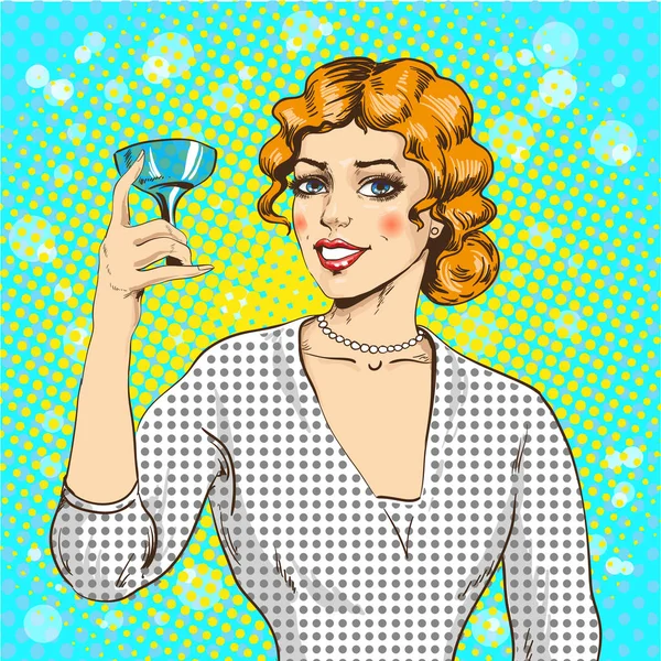 Vector illustration of woman with cocktail in pop art style — Stock Vector