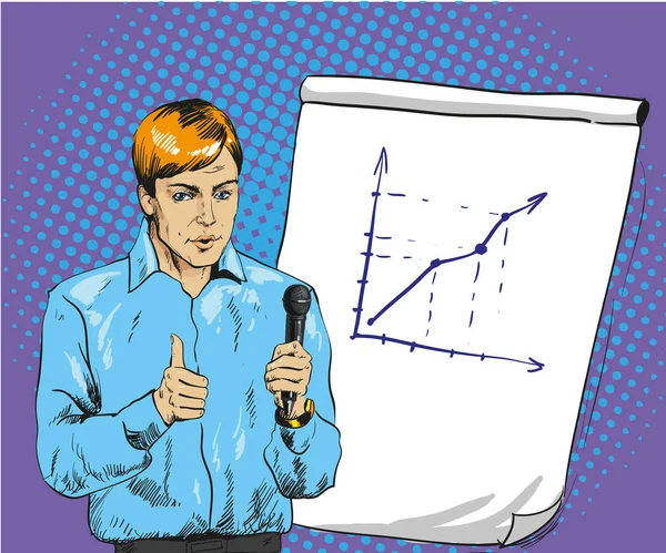 Векторні ілюстрації чоловіка, що робить презентацію в стилі поп-арт . — стоковий вектор