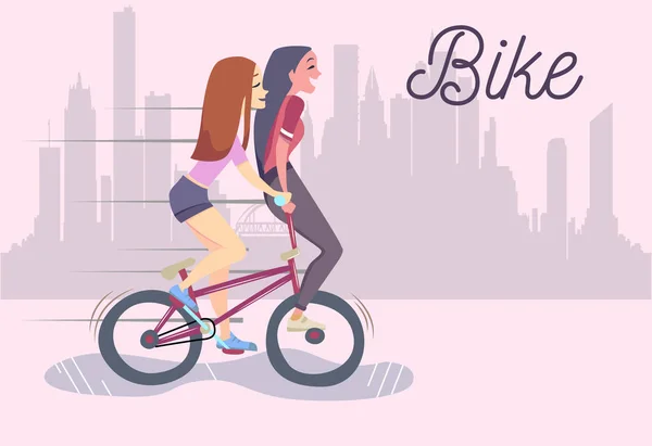 Ilustración vectorial de dos chicas de moda lindo montar en bicicleta — Vector de stock