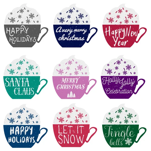 Vector set of color cups with winter holidays concept lettering — Stock Vector