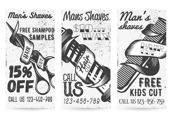 Vector set of vintage templates for barber shops offers, promotions — Stock Vector