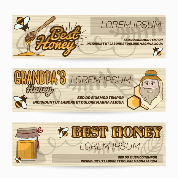 Bandeiras de vetor, folhetos para publicidade de mel de produtos doces e naturais — Vetor de Stock