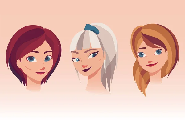 Vector illustration of girls faces with different hairstyles, hair colors. Royalty Free Stock Illustrations