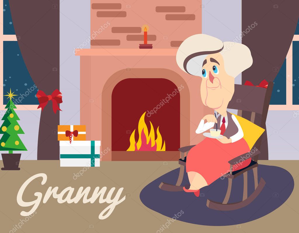 My Grandma Your Grandma Sitting By The Fire Vector illustration of granny sitting in armchair near fireplace