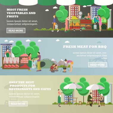 Vektör yatay Pazar kavramı afiş düz stil olarak ayarla.