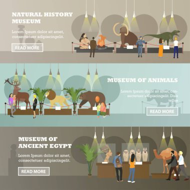 Vector set of banners with various museum expositions, flat style