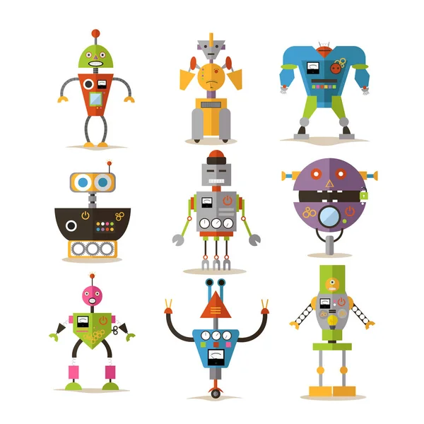 Vector set of robots isolated on white background, flat style — Stock Vector