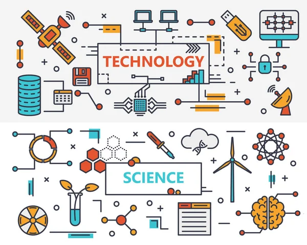 Bandiere concettuali di tecnologia e scienza a linea piana sottile vettoriale — Vettoriale Stock