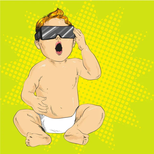 Vector illustration of baby in 3d anaglyph glasses, pop art — Stock Vector