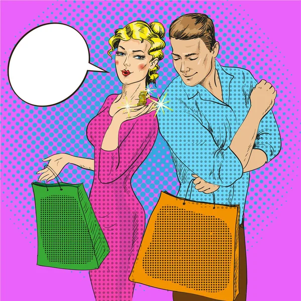 Vector illustration of shopping couple talking to each other — Stock Vector