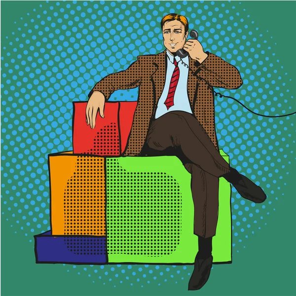 Vector illustration of man sitting on gift, talking over phone — Stock Vector