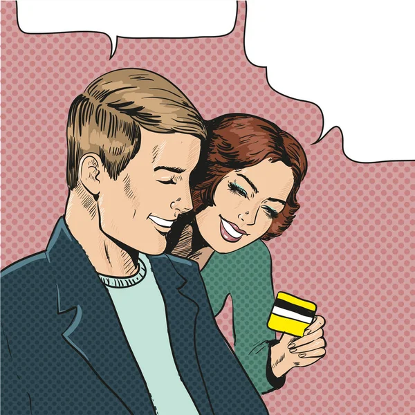 Ilustrație vectorială a cuplului privind cardul de credit, arta pop — Vector de stoc