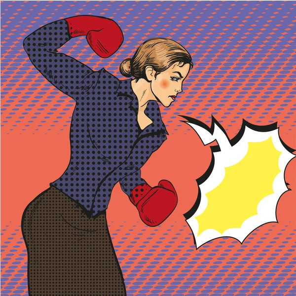 Vector illustration of business woman boxing in pop art style. — Stock Vector