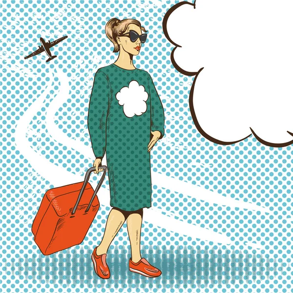 Illustrazione vettoriale di donna con custodia da viaggio, stile pop art — Vettoriale Stock