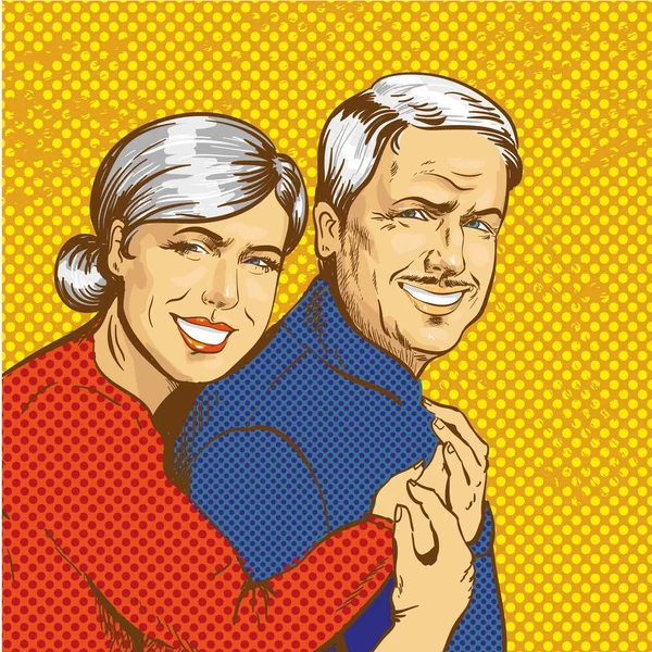 Ilustração vetorial de feliz casal maduro em estilo pop art — Vetor de Stock