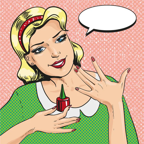 Ilustração vetorial de mulher com manicure em estilo pop art — Vetor de Stock