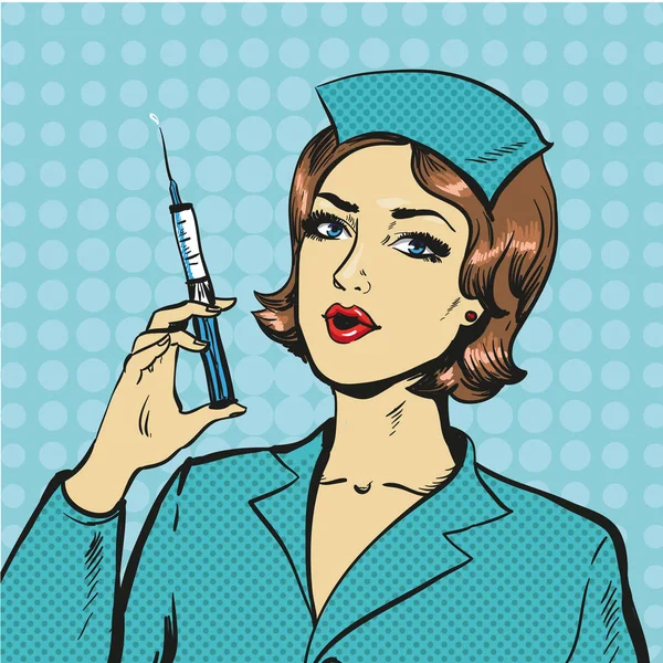 Векторная иллюстрация медсестры со шприцем в стиле поп-арта — стоковый вектор