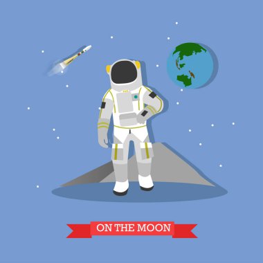 Ay yüzeyinde yürüyüş astronot vektör çizim.