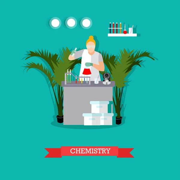 Vectorillustratie van chemie laboratorium en vrouw testen van chemische elementen. — Stockvector